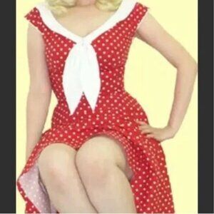 Stop Staring! Red White Polkadot Swing Dress size Large EUC!